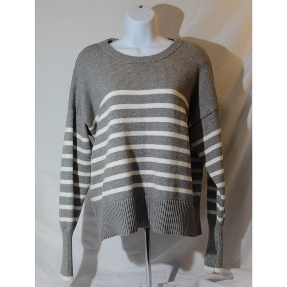 Philosophy Gray White Striped Knit Sweater Women's XL Crewneck Ribbed Ham Cuffs - Picture 1 of 10